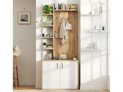 Vestidor 75×33×180 cm - con perchas y zapatero - 5 compartimentos - 2 puertas - natural + blanco