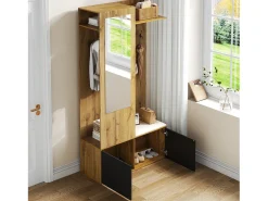 Vestidor con espejo - 100 x 38 x 191 cm - con zapatero + armario + 2 puertas + banco - MDF - natural