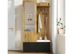 Vestidor con espejo - 100 x 38 x 191 cm - con zapatero + armario + 2 puertas + banco - MDF - natural