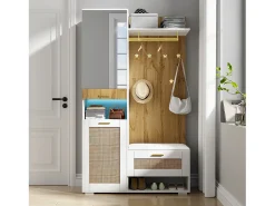 Vestidor con espejo - 110 x 38 x 190 cm - con zapatero + perchero + LED - MDF - blanco