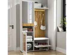 Vestidor con espejo - 110 x 38 x 190 cm - con zapatero + perchero + LED - MDF - blanco