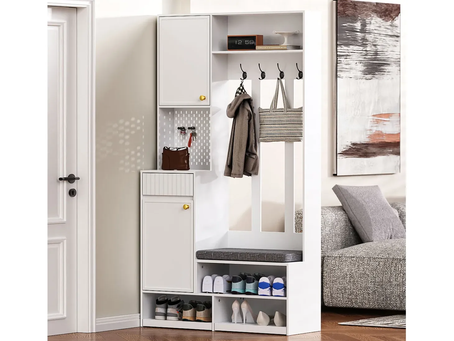 Vestidor de entrada moderno - con 4 ganchos, 2 puertas y 1 cajón - con banco y estantes abiertos - Blanco