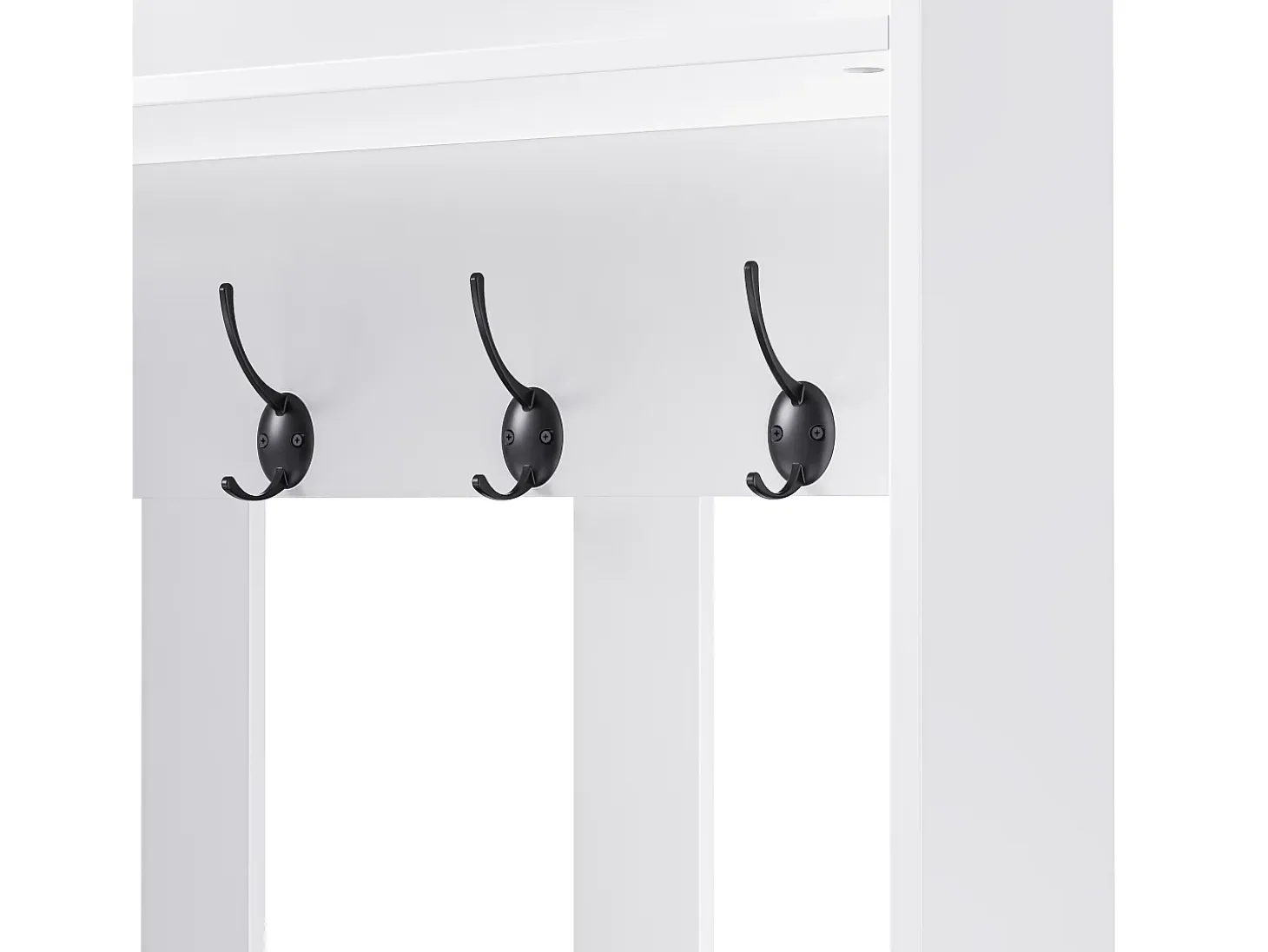 Vestidor de entrada moderno - con 4 ganchos, 2 puertas y 1 cajón - con banco y estantes abiertos - Blanco