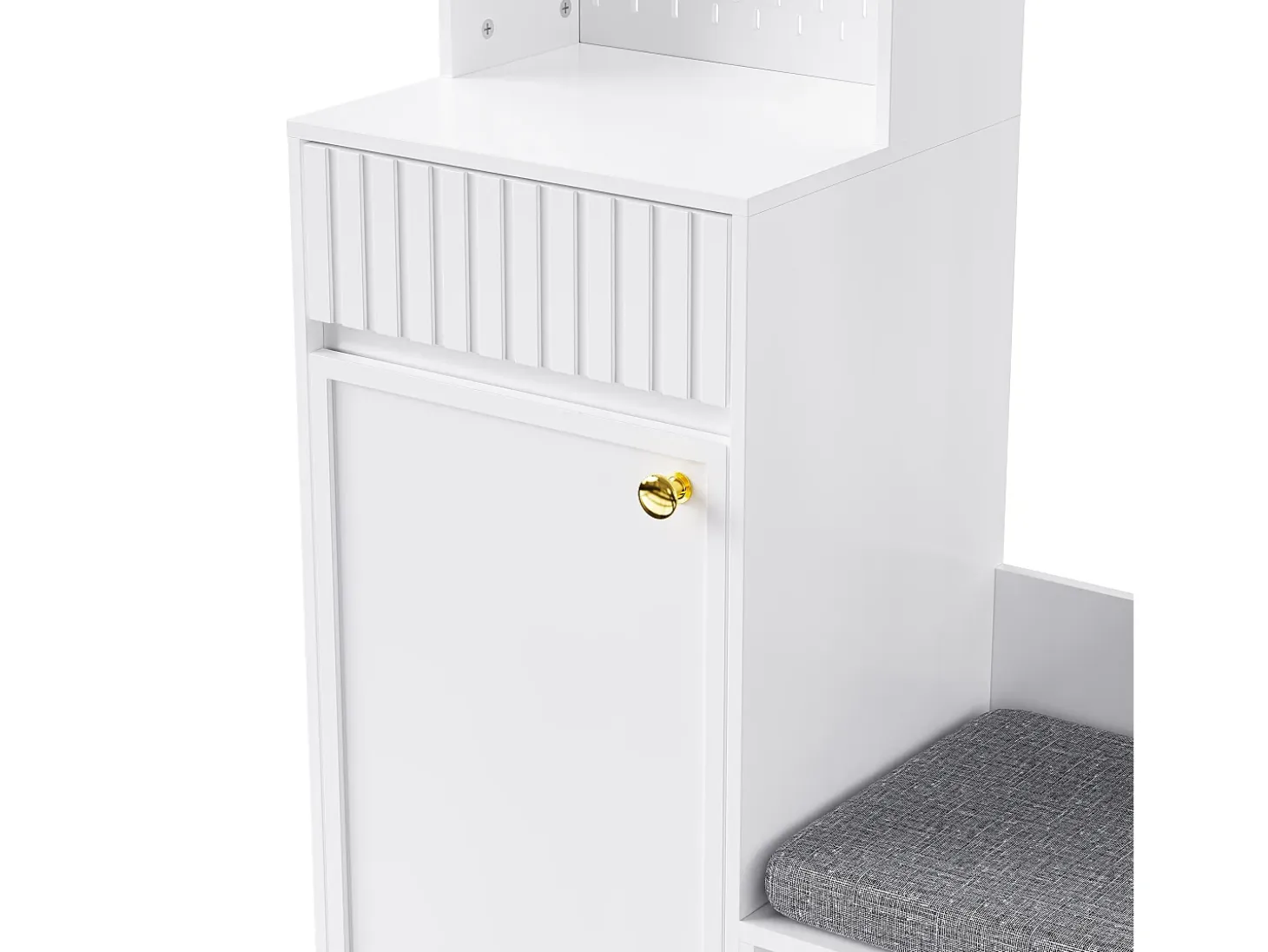 Vestidor de entrada moderno - con 4 ganchos, 2 puertas y 1 cajón - con banco y estantes abiertos - Blanco
