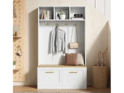 Vestidor de entrada moderno 105x40x180cm - con 2 puertas - con mueble para zapatos y ganchos - estantes abiertos - Blanco + Natural