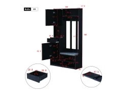 Vestidor de entrada moderno - con 4 ganchos, 2 puertas y 1 cajón - con banco y estantes abiertos - Negro