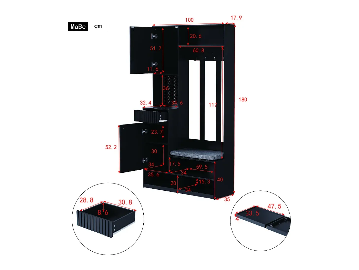 Vestidor de entrada moderno - con 4 ganchos, 2 puertas y 1 cajón - con banco y estantes abiertos - Negro