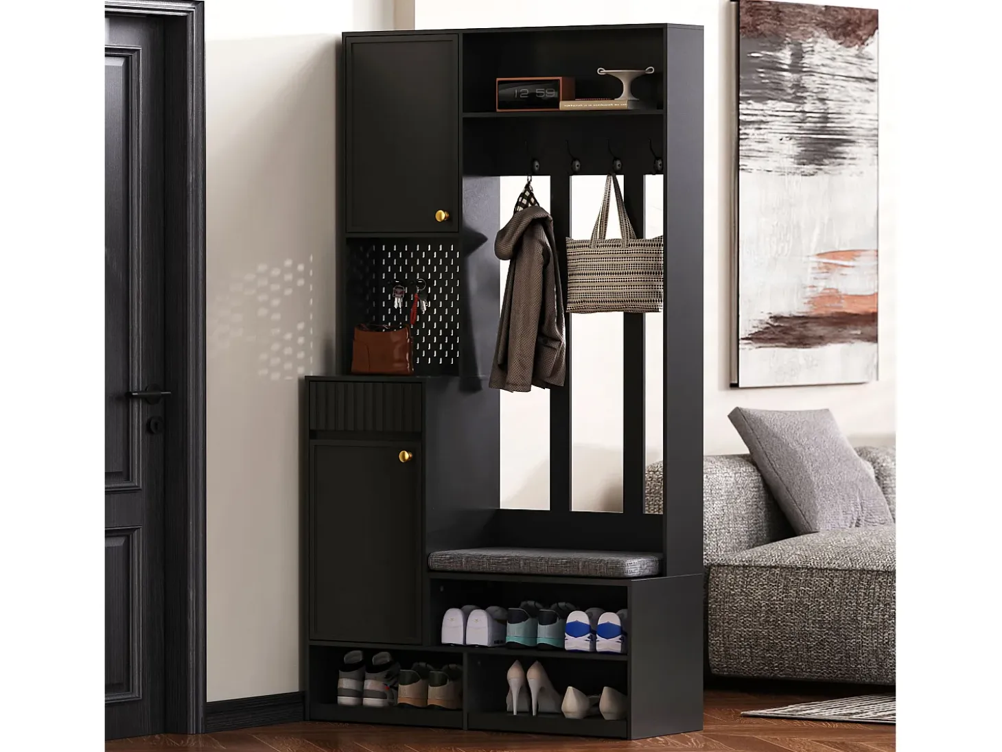 Vestidor de entrada moderno - con 4 ganchos, 2 puertas y 1 cajón - con banco y estantes abiertos - Negro