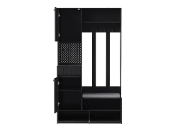 Vestidor de entrada moderno - con 4 ganchos, 2 puertas y 1 cajón - con banco y estantes abiertos - Negro