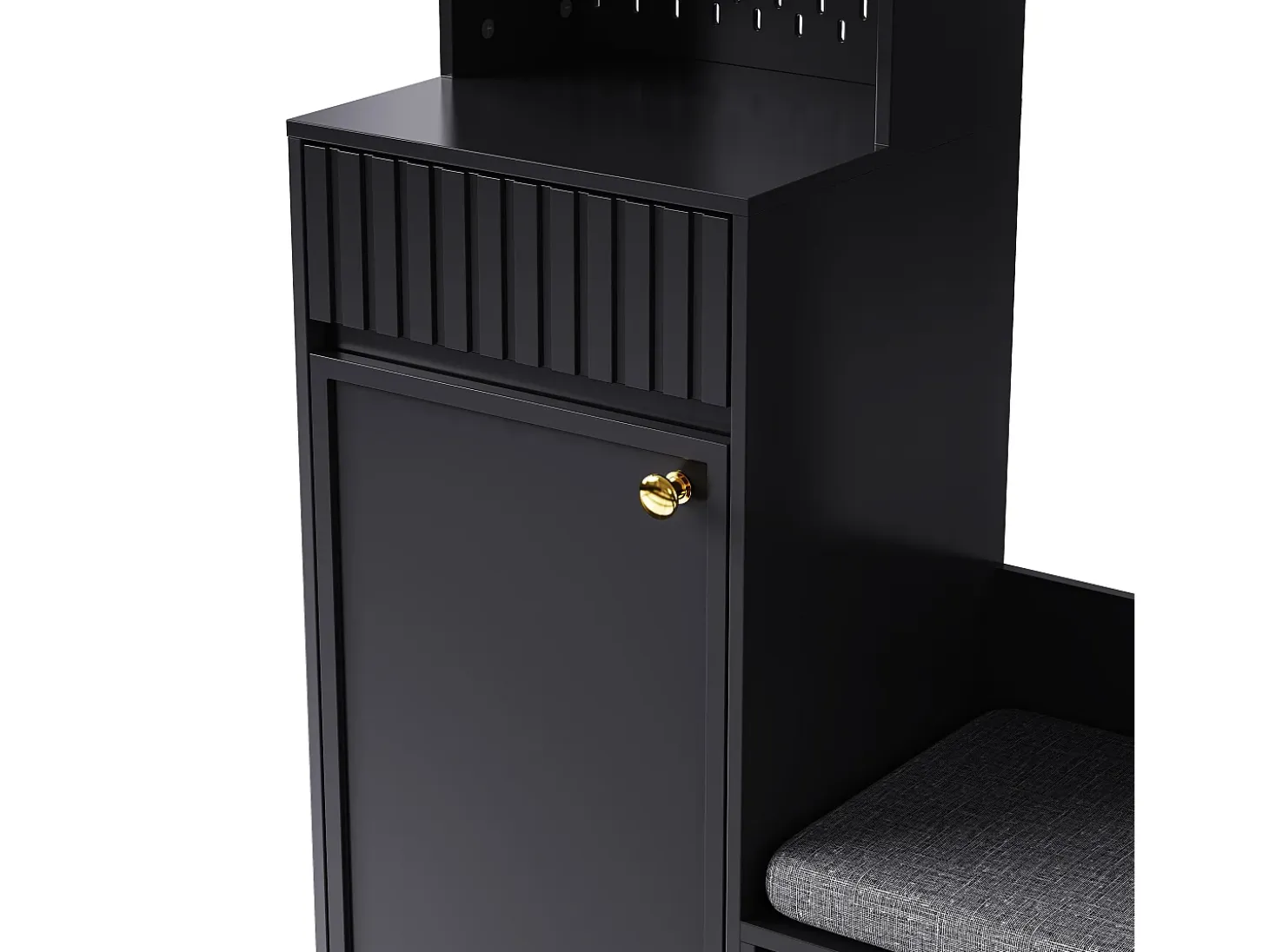 Vestidor de entrada moderno - con 4 ganchos, 2 puertas y 1 cajón - con banco y estantes abiertos - Negro