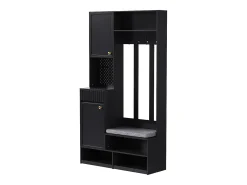 Vestidor de entrada moderno - con 4 ganchos, 2 puertas y 1 cajón - con banco y estantes abiertos - Negro