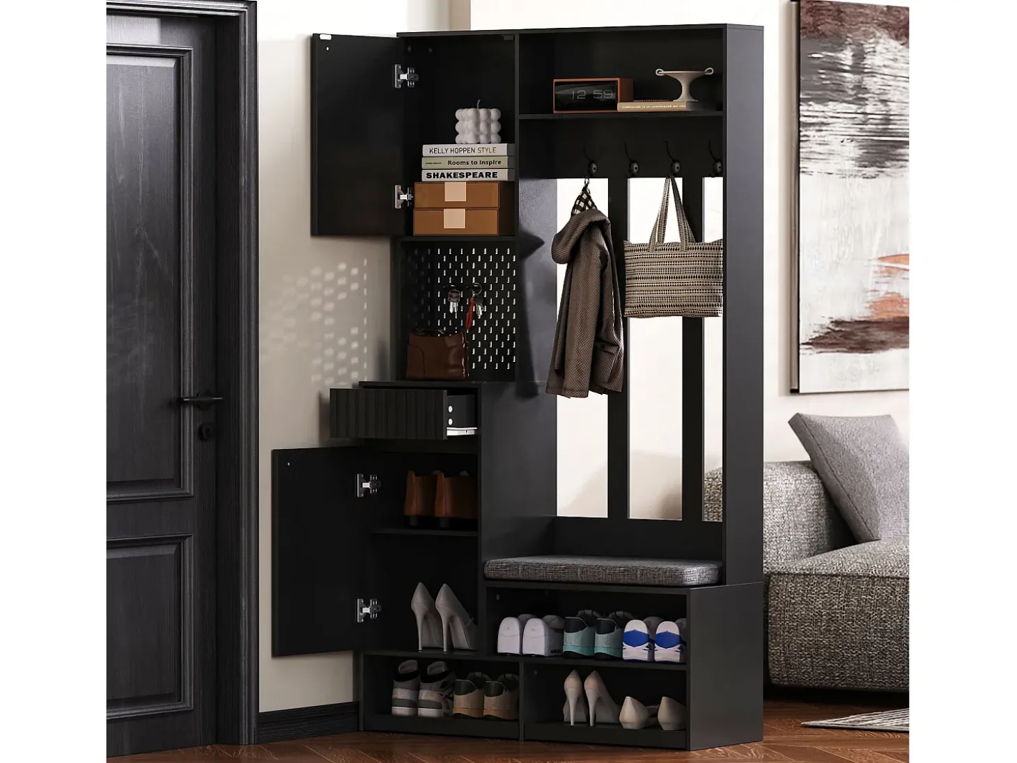 Vestidor de entrada moderno - con 4 ganchos, 2 puertas y 1 cajón - con banco y estantes abiertos - Negro