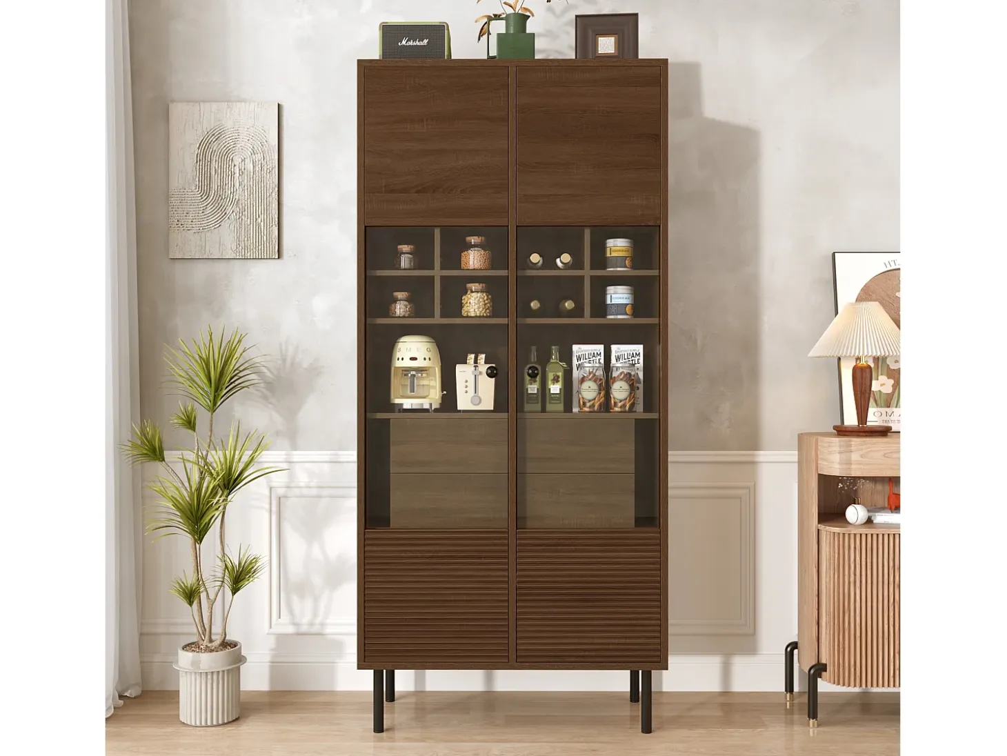 Vetrina con 2 ante in vetro e 4 cassetti - Colore legno scuro