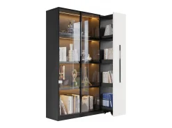 Vitrina 110,5×35×160 cm - 2 puertas de vidrio - 1 cajón lateral - con iluminación LED - negro + blanco
