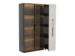 Vitrina 110,5×35×160 cm - 2 puertas de vidrio - 1 cajón lateral - con iluminación LED - negro + blanco