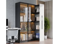 Vitrina 110,5×35×160 cm - 2 puertas de vidrio - 1 cajón lateral - con iluminación LED - negro + blanco
