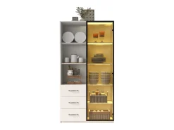 Vitrina 80×40×160 cm - con 1 puerta de vidrio templado y 3 cajones - con iluminación LED - 3 estantes abiertos - blanco