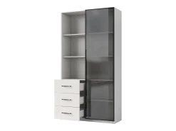 Vitrina 80×40×160 cm - con 1 puerta de vidrio templado y 3 cajones - con iluminación LED - 3 estantes abiertos - blanco