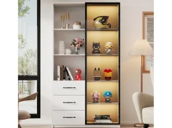 Vitrina 80×40×160 cm - con 1 puerta de vidrio templado y 3 cajones - con iluminación LED - 3 estantes abiertos - blanco