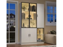 Vitrina 120×35×200 cm - puertas acristaladas - 6 puertas - con iluminación LED - paneles de partículas + vidrio templado - blanco
