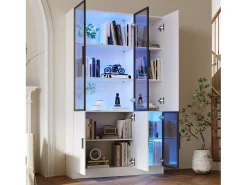 Vitrina 120×35×200 cm - puertas acristaladas - 6 puertas - con iluminación LED - paneles de partículas + vidrio templado - blanco