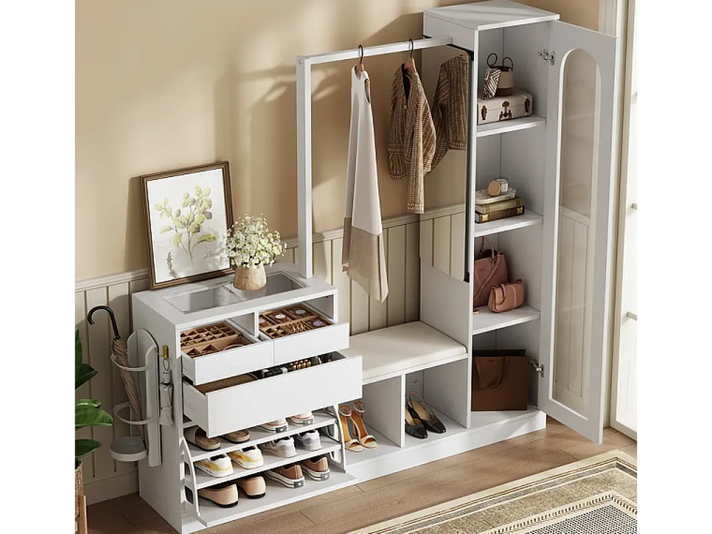 Vitrina 1 puerta de vidrio 6 en 1 - con LED, Espejo, mueble de zapatos abatibles, tocador, 2 cajones - 163x35x161cm