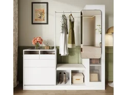 Vitrina 1 puerta de vidrio 6 en 1 - con LED, Espejo, mueble de zapatos abatibles, tocador, 2 cajones - 163x35x161cm