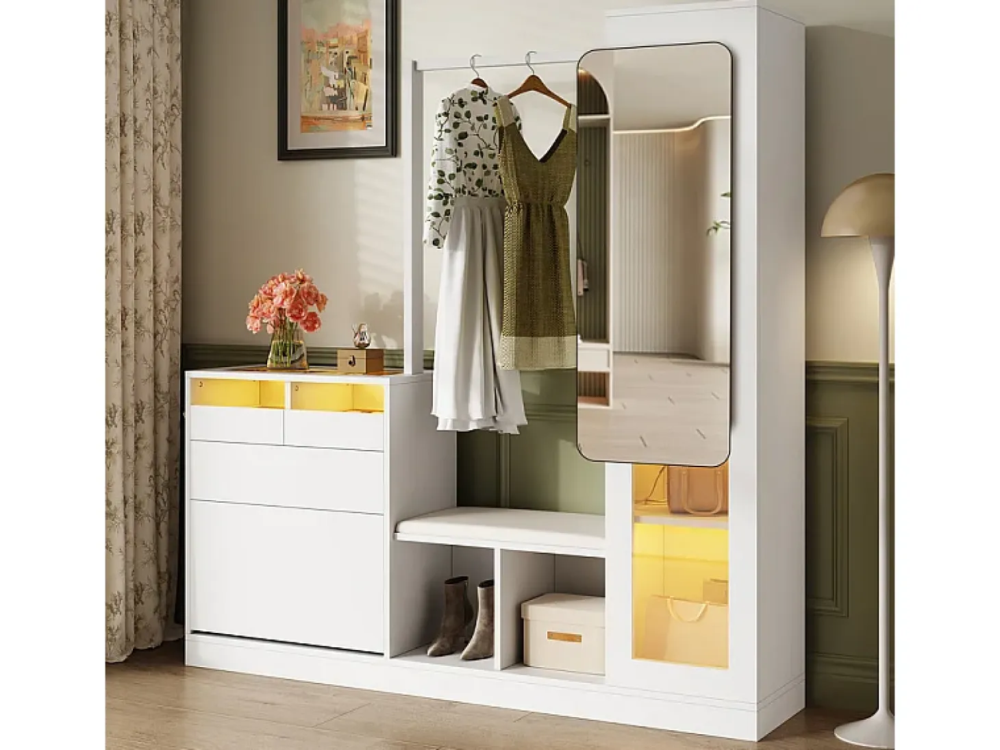 Vitrina 1 puerta de vidrio 6 en 1 - con LED, Espejo, mueble de zapatos abatibles, tocador, 2 cajones - 163x35x161cm