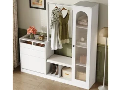Vitrina 1 puerta de vidrio 6 en 1 - con LED, Espejo, mueble de zapatos abatibles, tocador, 2 cajones - 163x35x161cm