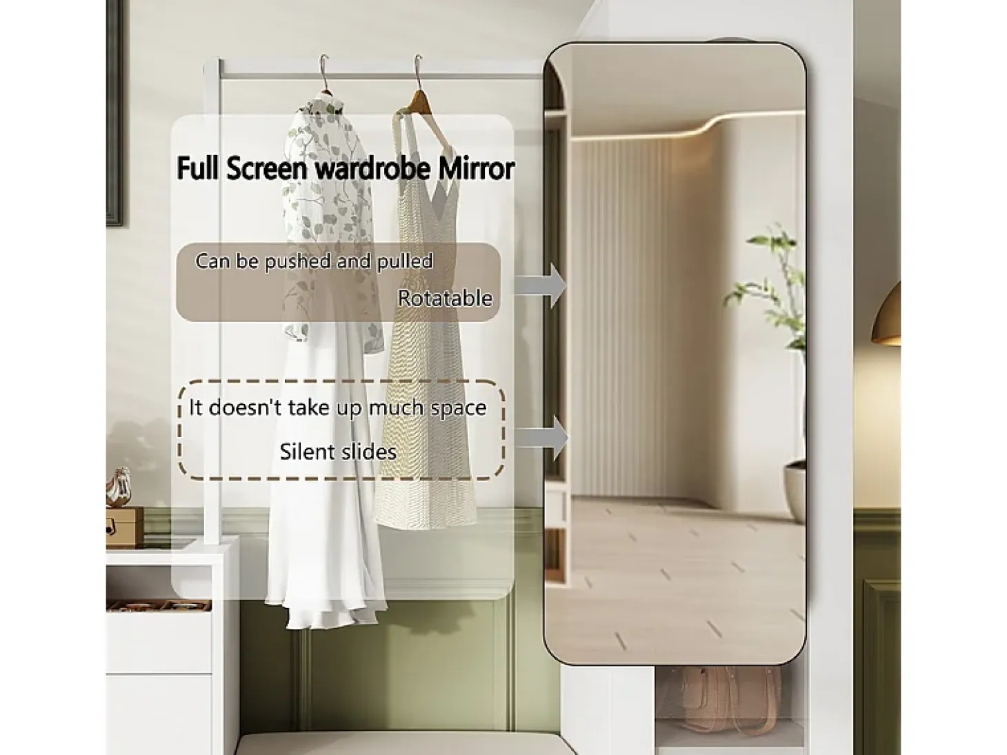 Vitrina 1 puerta de vidrio 6 en 1 - con LED, Espejo, mueble de zapatos abatibles, tocador, 2 cajones - 163x35x161cm