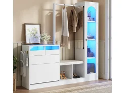 Vitrina 1 puerta de vidrio 6 en 1 - con LED, Espejo, mueble de zapatos abatibles, tocador, 2 cajones - 163x35x161cm