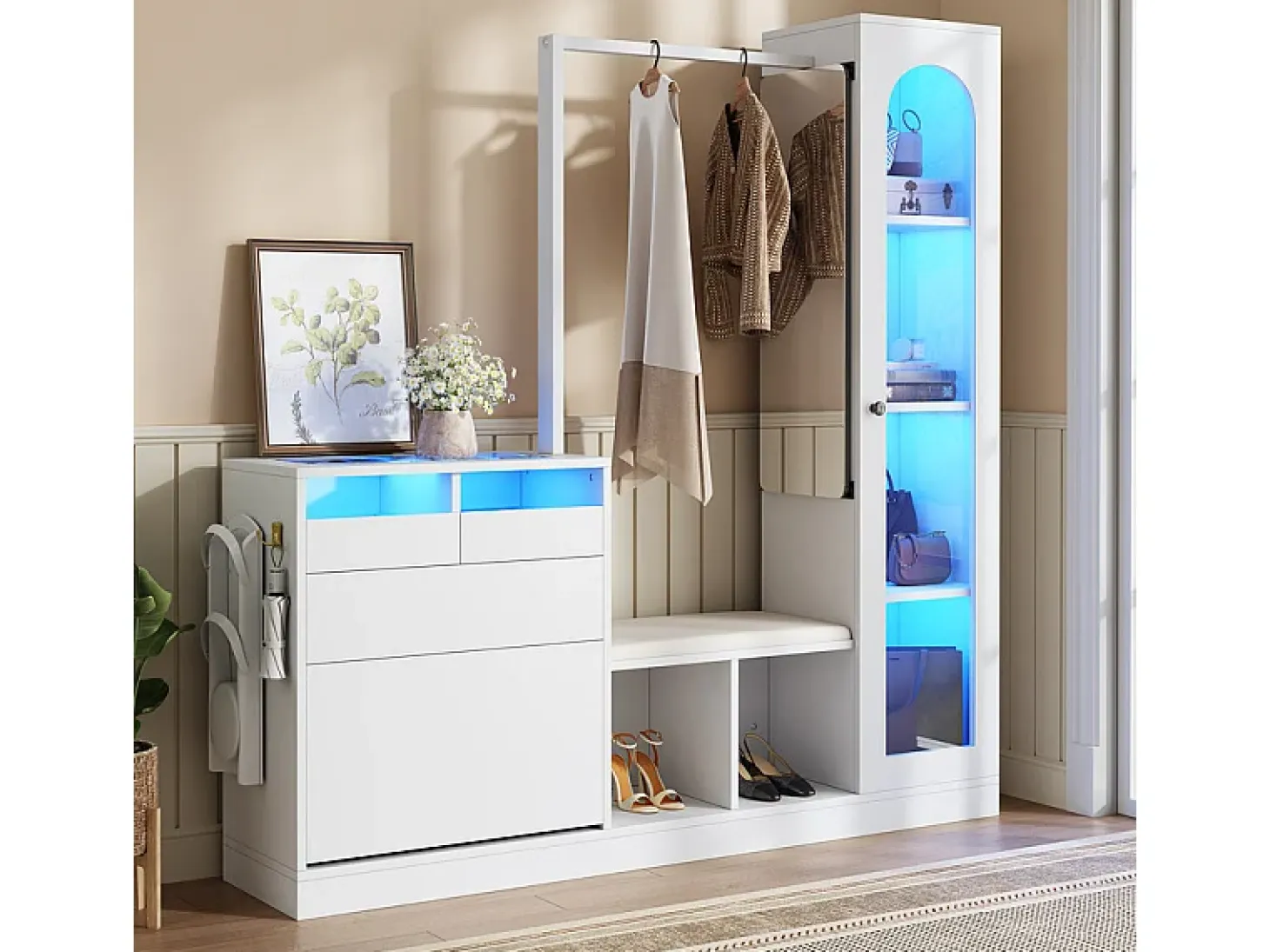Vitrina 1 puerta de vidrio 6 en 1 - con LED, Espejo, mueble de zapatos abatibles, tocador, 2 cajones - 163x35x161cm