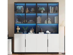 Vitrina 8 puertas - 160 x 30 x 200 cm - LEDs - Tablero de partículas y cristal - Blanco