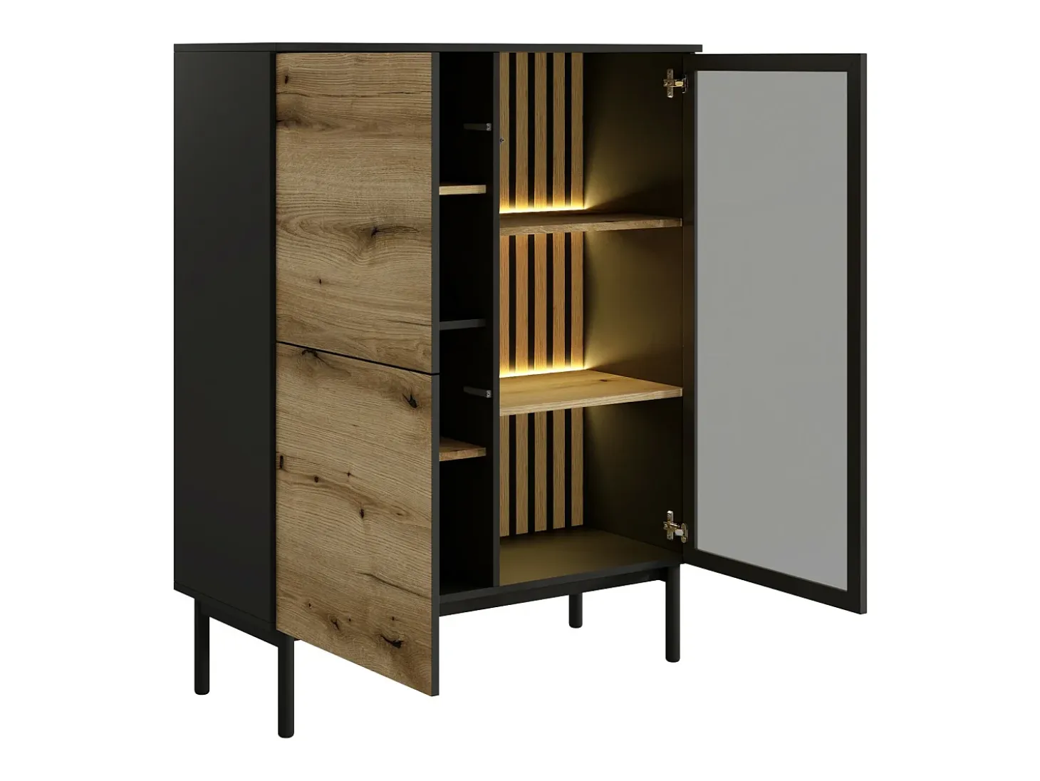 Vitrina 3 puertas con LEDs - Natural y negro - LABENIA