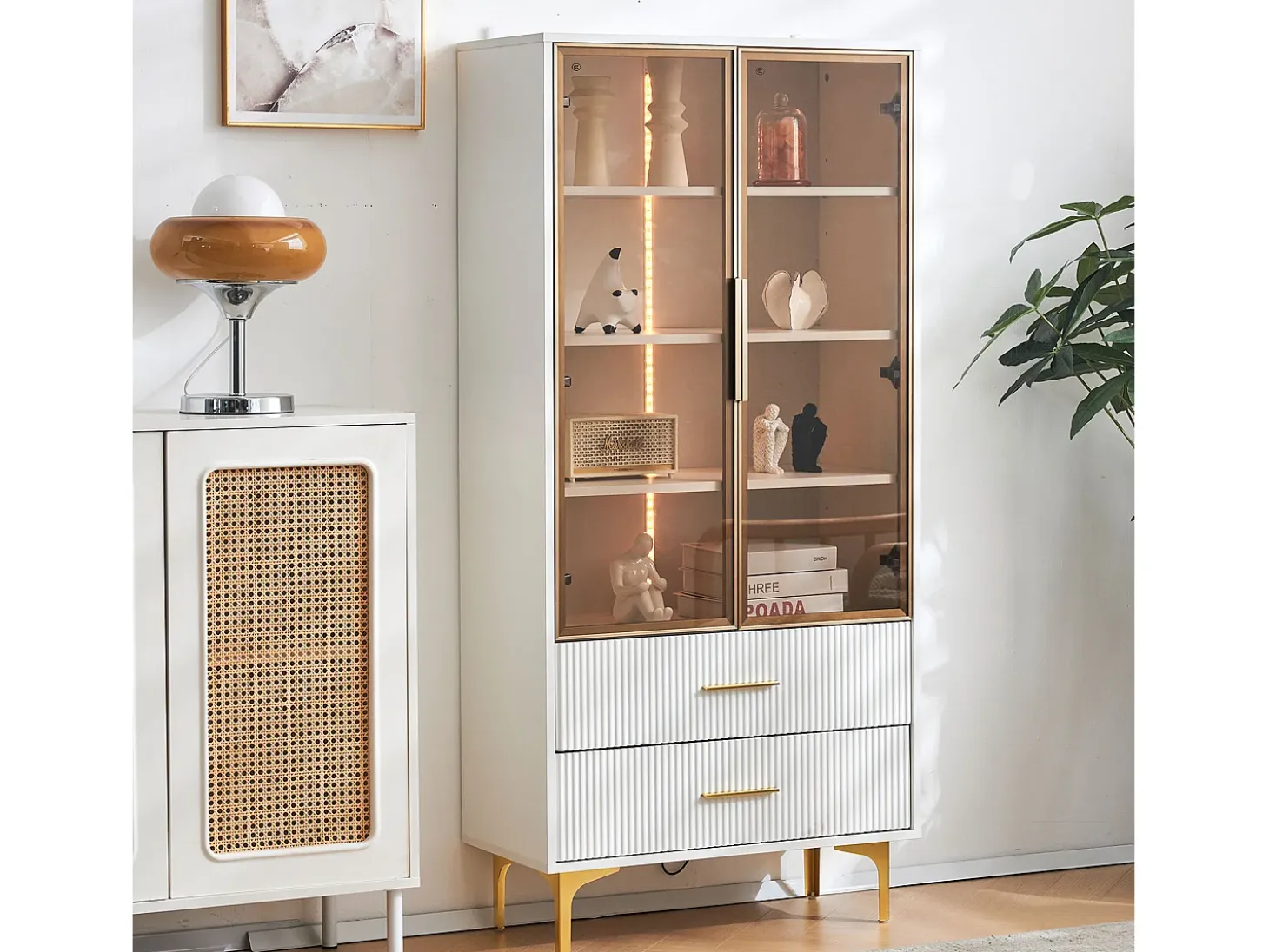 Vitrina 2 puertas de cristal - LED - 70 x 35 x 150 cm - Tablero de partículas - Blanco