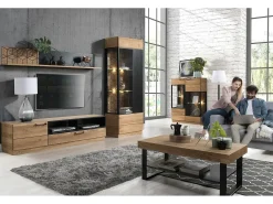 Vitrina 3 puertas en madera de roble miel y acero negro Mazora 107 cm