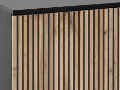 Vitrina 2 puertas y 1 cajón con luces LED en MDF y vidrio ahumado - Negro y Natural - OVILA
