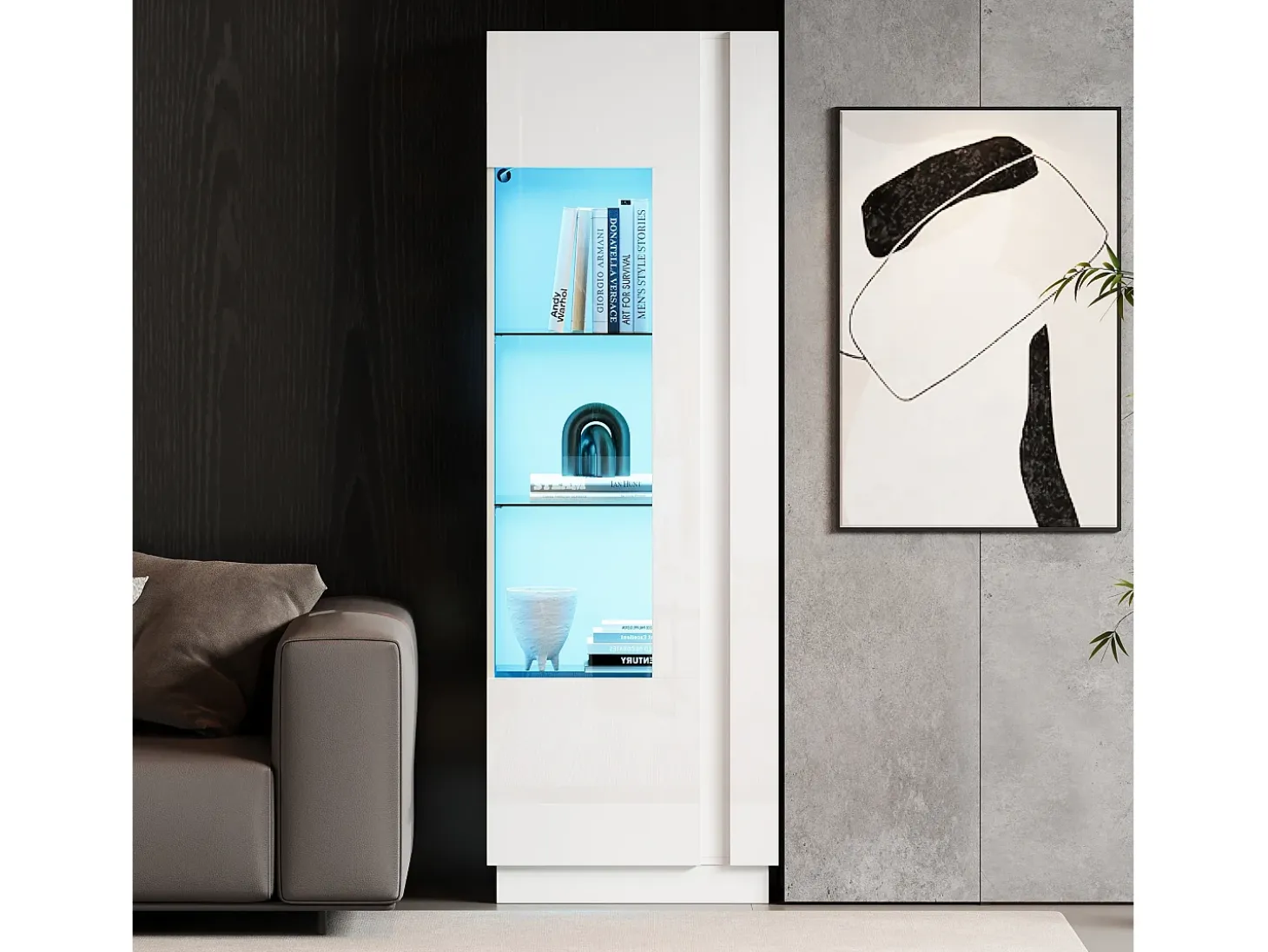 Vitrina alta blanca - Vitrina con iluminación LED y 1 puerta - estantes de cristal