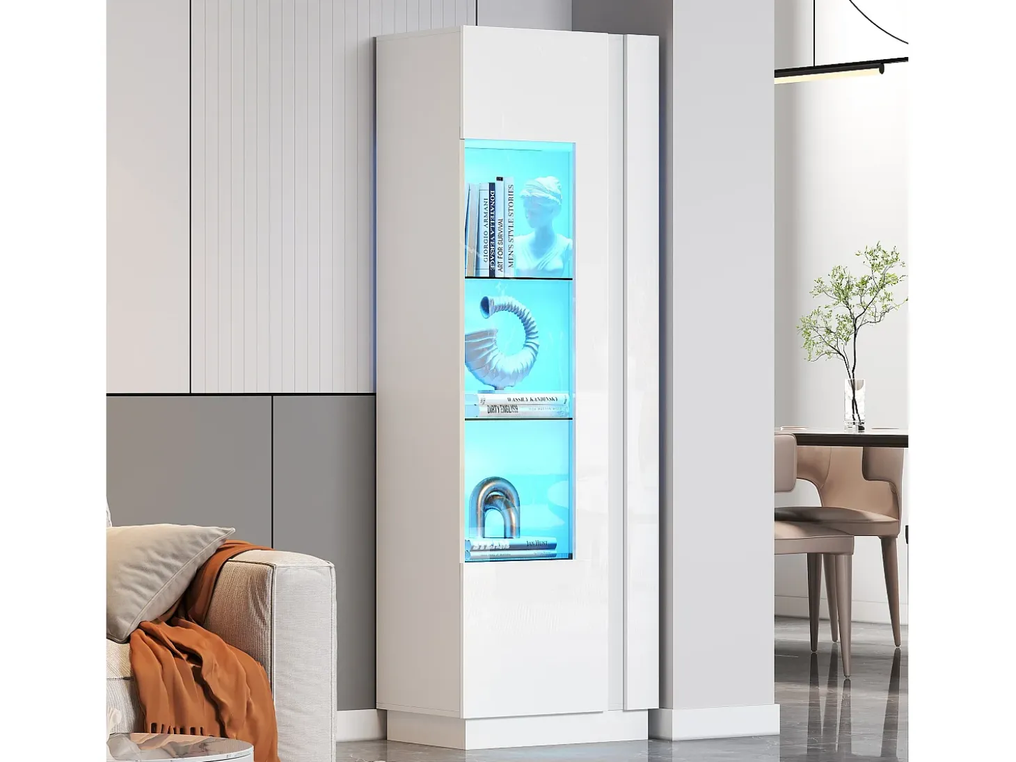 Vitrina alta blanca - Vitrina con iluminación LED y 1 puerta - estantes de cristal