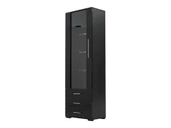 Vitrina alta con 3 cajones y 1 puerta acrílica, cuerpo de MDF lacado en negro, LED incluido - 60x35x180cm