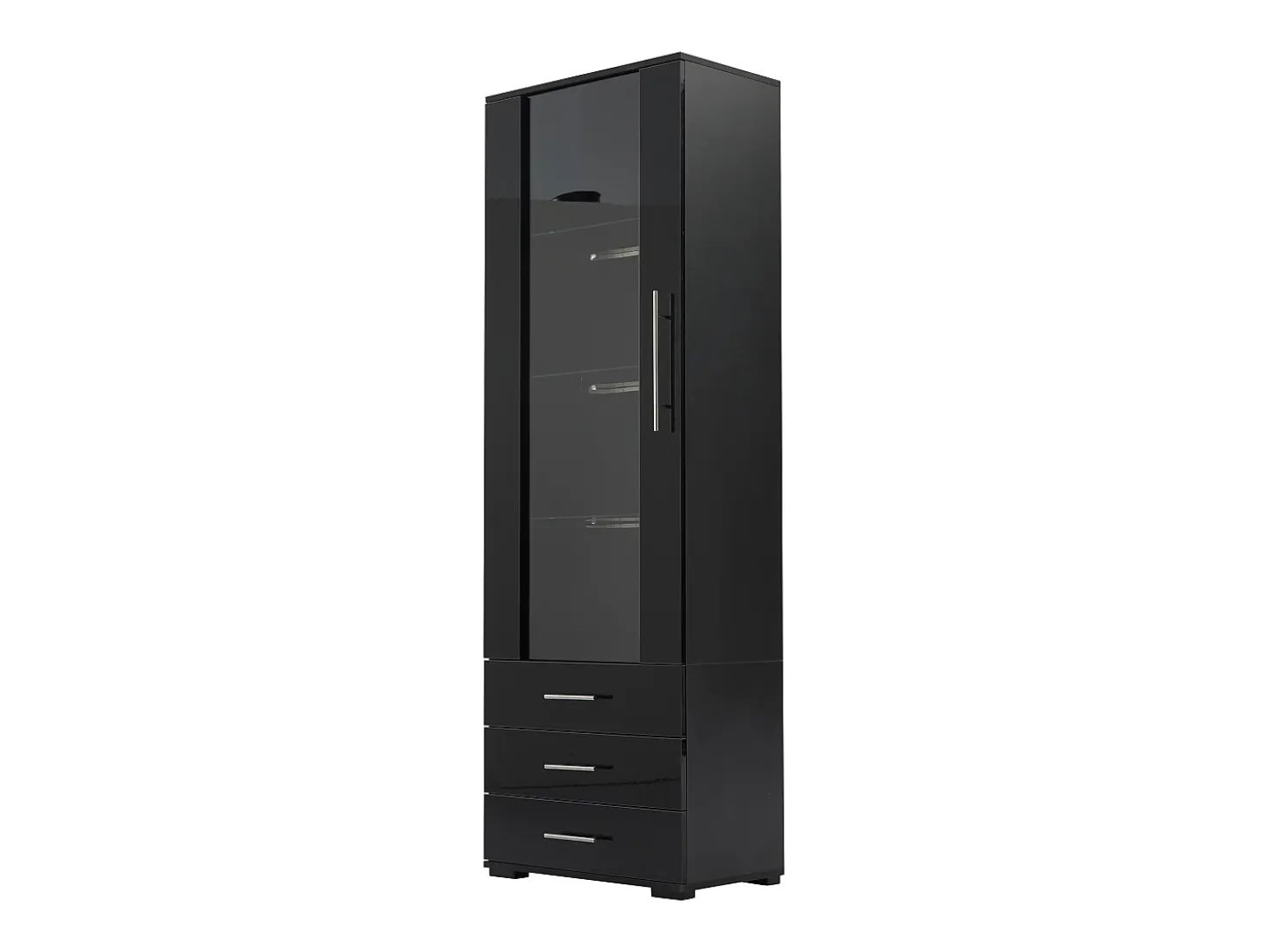 Vitrina alta con 3 cajones y 1 puerta acrílica, cuerpo de MDF lacado en negro, LED incluido - 60x35x180cm