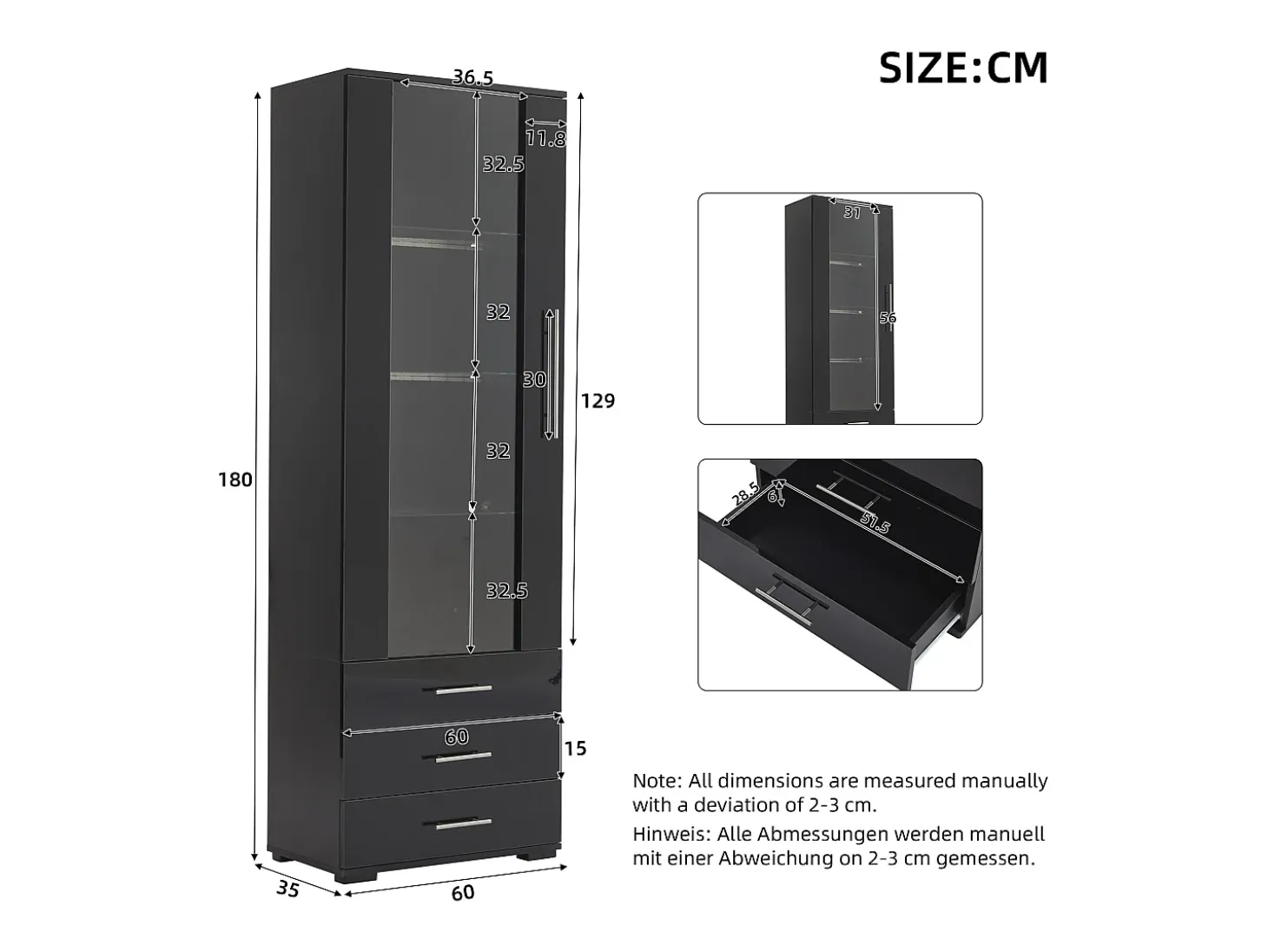 Vitrina alta con 3 cajones y 1 puerta acrílica, cuerpo de MDF lacado en negro, LED incluido - 60x35x180cm