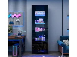 Vitrina alta con 3 cajones y 1 puerta acrílica, cuerpo de MDF lacado en negro, LED incluido - 60x35x180cm