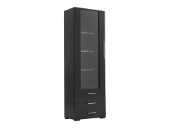 Vitrina alta con 3 cajones y 1 puerta acrílica, cuerpo de MDF lacado en negro, LED incluido - 60x35x180cm
