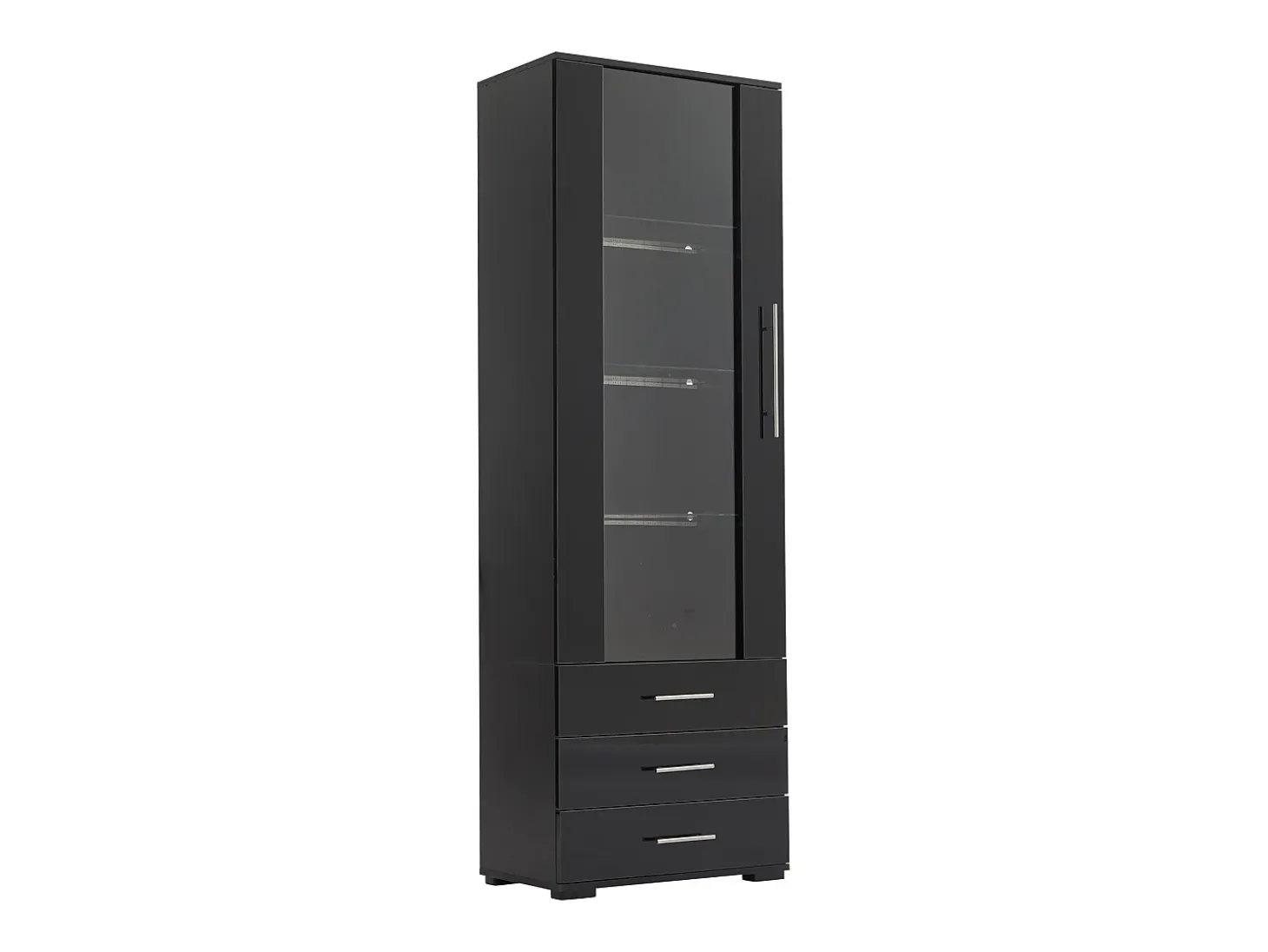 Vitrina alta con 3 cajones y 1 puerta acrílica, cuerpo de MDF lacado en negro, LED incluido - 60x35x180cm