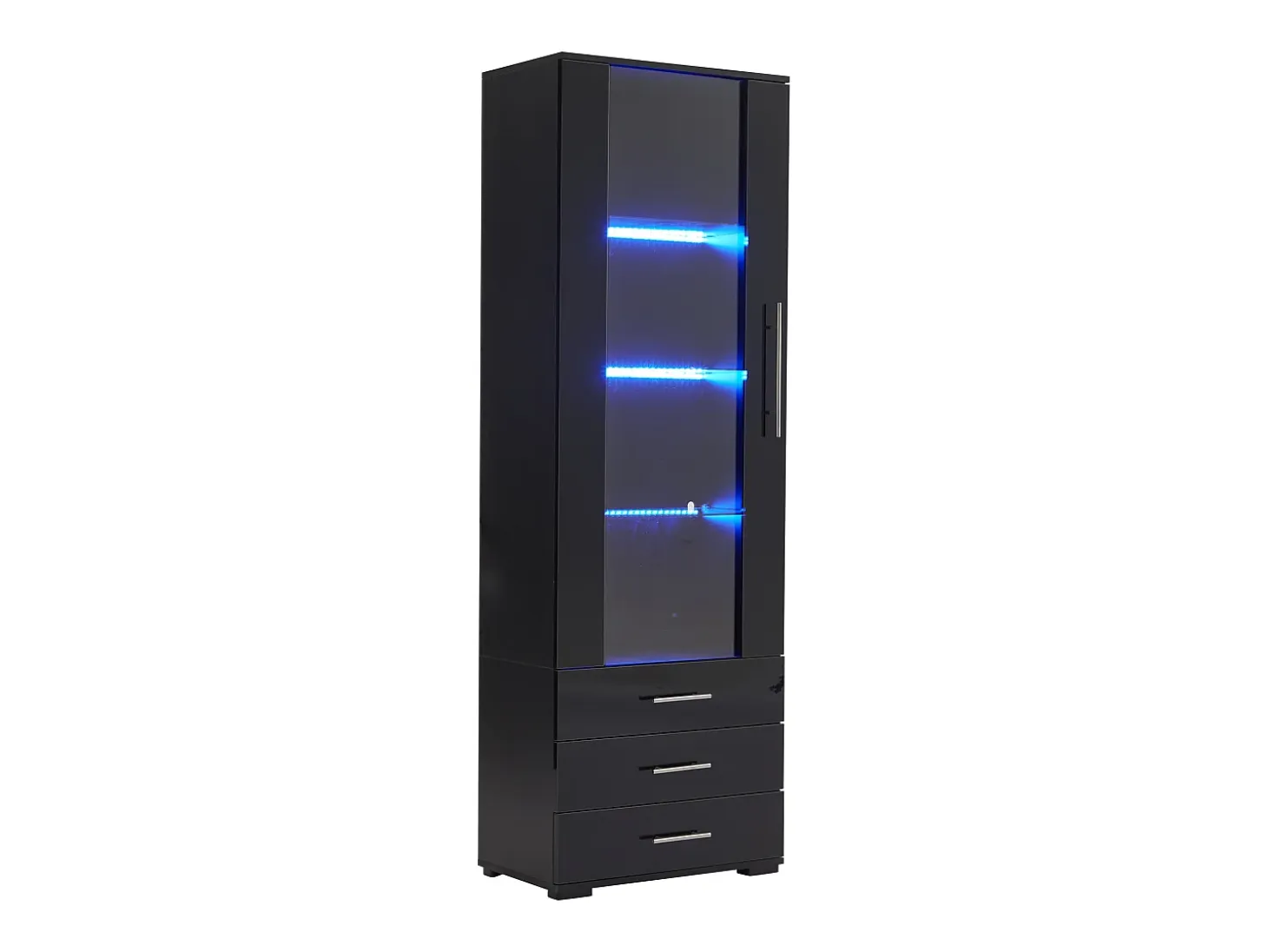 Vitrina alta con 3 cajones y 1 puerta acrílica, cuerpo de MDF lacado en negro, LED incluido - 60x35x180cm