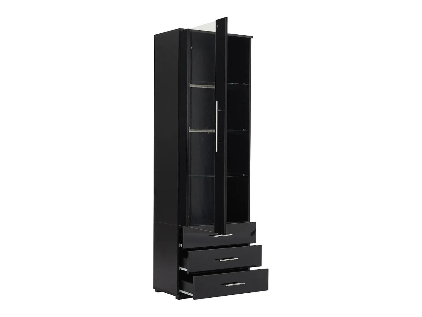 Vitrina alta con 3 cajones y 1 puerta acrílica, cuerpo de MDF lacado en negro, LED incluido - 60x35x180cm