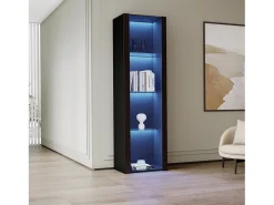 Vitrina alta con 3 estantes de cristal, cuerpo de MDF lacado en negro, LED incluido - 55x38x166cm