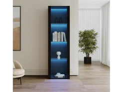 Vitrina alta con 3 estantes de cristal, cuerpo de MDF lacado en negro, LED incluido - 55x38x166cm