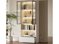 Vitrina alta de cristal - 80 x 34 x 180 cm - con 1 cajón + puertas de cristal + LEDs + estante abierto - MDF + cristal - blanco